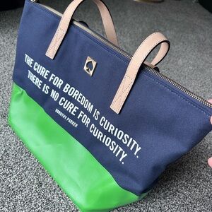 Kate Spade Navy and Lime Green Quote tote